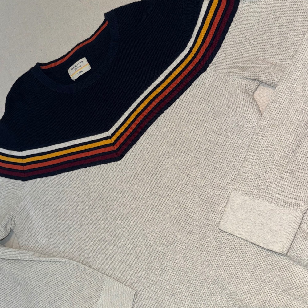 Marine Layer Re-Spun Mens Waffle Knit Chevron Stripe Sweater Navy Gray L Retro